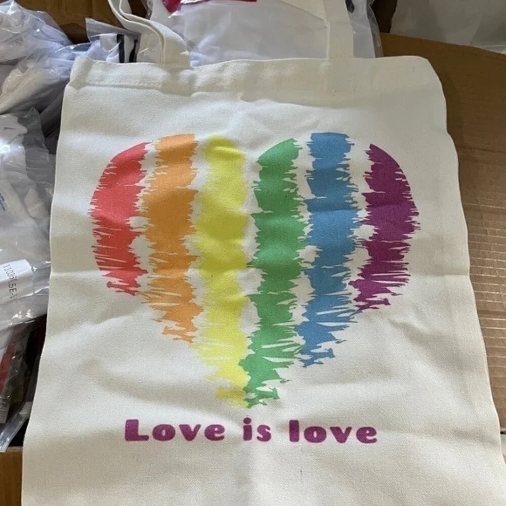 Love Is Love Rainbow Heart Tote Canvas Pride Bag LGBT Reusable Grocery 13x15 NWT